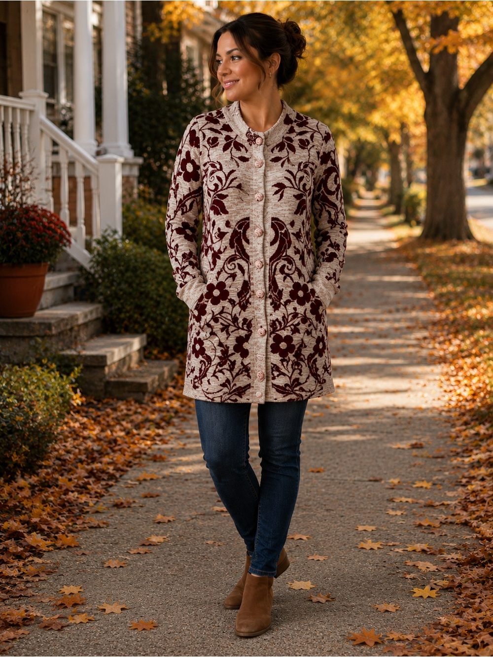 Cream and Burgundy Floral Knit Coat